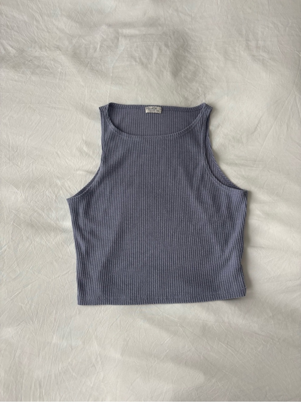 Ribbed High Neck Crop Tank Top Blue